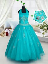 Unique Tulle Halter Top Sleeveless Lace Up Appliques Child Pageant Dress in Aqua Blue