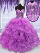 Noble Floor Length Lace Up Ball Gown Prom Dress Lilac for Military Ball and Sweet 16 and Quinceanera with Beading and Ruffles