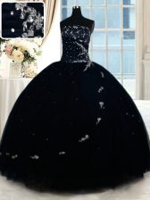 Custom Fit Floor Length Lace Up Quinceanera Gown Navy Blue for Military Ball and Sweet 16 and Quinceanera with Beading