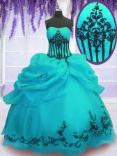 Fabulous Turquoise Ball Gowns Strapless Sleeveless Organza Floor Length Lace Up Embroidery Quinceanera Gowns