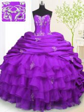  Sleeveless Organza and Taffeta With Brush Train Lace Up Quince Ball Gowns in Purple with Beading and Appliques and Ruffled Layers and Pick Ups