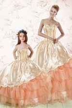 Wonderful Peach Quinceanera Dresses Military Ball and Sweet 16 and Quinceanera with Embroidery and Ruffled Layers Sweetheart Sleeveless Lace Up