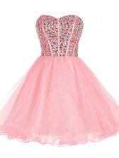 Spectacular Sweetheart Sleeveless Prom Dresses Mini Length Beading and Ruffled Layers Pink Organza
