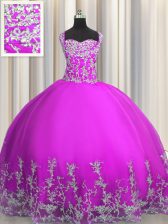  Straps Sleeveless Lace Up Quinceanera Dresses Fuchsia Tulle