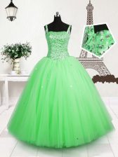  Sleeveless Floor Length Beading and Sequins Lace Up Girls Pageant Dresses with Apple Green