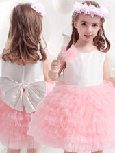Modern Scoop Knee Length Side Zipper Toddler Flower Girl Dress Pink And White for Party and Quinceanera and Wedding Party with Ruffled Layers and Bowknot and Hand Made Flower