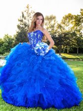 Chic Tulle Strapless Sleeveless Lace Up Beading and Ruffles Quinceanera Gowns in Royal Blue