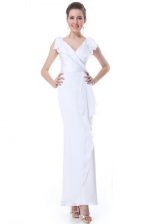 Fancy White Chiffon Zipper V-neck Cap Sleeves Floor Length Prom Evening Gown Ruffles
