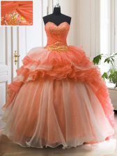  Beading and Ruffled Layers Sweet 16 Quinceanera Dress Orange Red Lace Up Sleeveless With Train Sweep Train