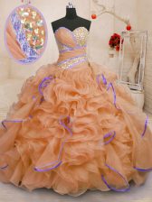 Colorful Orange Ball Gowns Beading and Ruffles Sweet 16 Dresses Lace Up Organza Sleeveless With Train