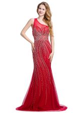 Decent One Shoulder With Train Red Tulle Brush Train Sleeveless Beading