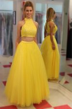  Sequins Evening Dress Yellow Zipper Sleeveless Floor Length