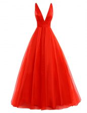  V-neck Sleeveless Brush Train Pleated Coral Red Organza