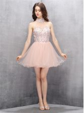  Baby Pink A-line Tulle High-neck Sleeveless Beading and Sequins Mini Length Zipper Prom Dress