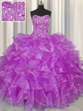 Shining Visible Boning Lilac Ball Gown Prom Dress Military Ball and Sweet 16 and Quinceanera with Beading and Ruffles Strapless Sleeveless Lace Up