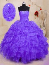  Purple Sleeveless Beading and Ruffles and Hand Made Flower Floor Length 15 Quinceanera Dress