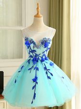 Superior Scoop Blue Sleeveless Beading and Appliques Mini Length Evening Dress