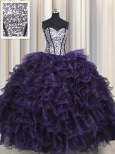 Glorious Visible Boning Sleeveless Ruffles and Sequins Lace Up Quinceanera Gown