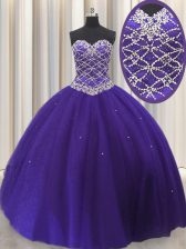  Purple Ball Gowns Tulle Sweetheart Sleeveless Beading and Sequins Floor Length Lace Up 15th Birthday Dress
