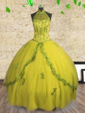 Chic Yellow Halter Top Neckline Beading Sweet 16 Dresses Sleeveless Lace Up