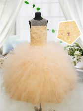 New Arrival Scoop Floor Length Zipper Pageant Gowns For Girls Orange for Party and Wedding Party with Beading and Appliques