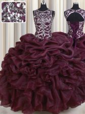 Dazzling Scoop See Through Burgundy Organza Lace Up Vestidos de Quinceanera Sleeveless Floor Length Beading and Pick Ups