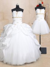  Three Piece Taffeta and Tulle Strapless Sleeveless Lace Up Beading and Pick Ups Vestidos de Quinceanera in White