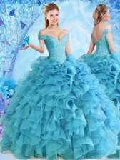  Baby Blue Ball Gowns Organza Off The Shoulder Sleeveless Beading and Ruffles Floor Length Lace Up Quinceanera Gown