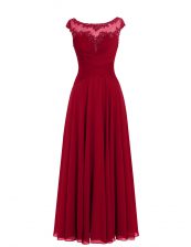 Custom Designed Scoop Wine Red Cap Sleeves Chiffon Zipper Dress for Prom for Prom and Party