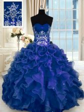 Custom Made Navy Blue Ball Gowns Organza Sweetheart Sleeveless Beading and Appliques and Ruffles Floor Length Lace Up Sweet 16 Dress