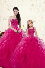 Noble Fuchsia Ball Gowns Sweetheart Sleeveless Organza Floor Length Lace Up Beading and Ruffles Quinceanera Dress