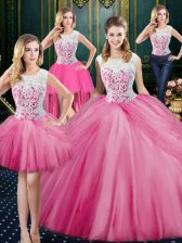 Custom Design Four Piece Scoop Floor Length Zipper Vestidos de Quinceanera Rose Pink for Military Ball and Sweet 16 and Quinceanera with Lace and Appliques and Pick Ups