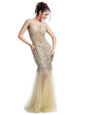 Stunning Mermaid Prom Dresses Champagne Square Tulle Sleeveless Floor Length Backless