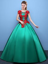 Modest Scoop Green Cap Sleeves Satin Lace Up 15 Quinceanera Dress for Military Ball and Sweet 16 and Quinceanera