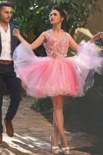 Fantastic Halter Top Peach Sleeveless Organza Zipper Prom Dresses for Prom and Party