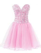  Knee Length A-line Sleeveless Rose Pink Prom Dresses Lace Up