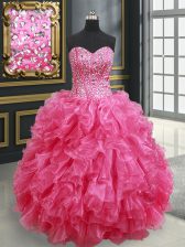  Organza Sweetheart Sleeveless Lace Up Beading and Ruffles Quinceanera Dress in Hot Pink