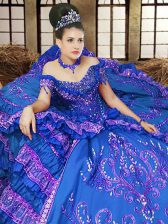 Off the Shoulder Royal Blue Sleeveless Satin Lace Up Sweet 16 Dress for Military Ball and Sweet 16 and Quinceanera