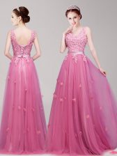 Glittering Pink Prom Party Dress Prom and Party with Appliques and Belt V-neck Sleeveless Lace Up