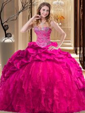  Hot Pink Sleeveless Taffeta and Tulle Brush Train Lace Up Sweet 16 Dress for Military Ball and Sweet 16 and Quinceanera