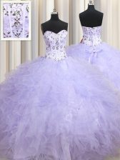 On Sale Floor Length Lace Up Quince Ball Gowns Lavender for Military Ball and Sweet 16 and Quinceanera with Beading and Ruffles
