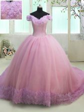  Lilac Tulle Lace Up Off The Shoulder Cap Sleeves With Train Quince Ball Gowns Court Train Ruching