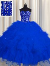 Stunning Visible Boning Royal Blue Lace Up Sweetheart Beading and Ruffles and Sequins 15th Birthday Dress Tulle Sleeveless