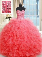 Elegant Coral Red Lace Up Vestidos de Quinceanera Beading and Ruffles Sleeveless Floor Length