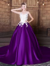 Low Price Scoop Lace and Appliques Ball Gown Prom Dress Purple Lace Up Sleeveless Court Train