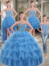 Low Price Four Piece Sleeveless Lace Up Floor Length Beading and Ruffled Layers Sweet 16 Quinceanera Dress