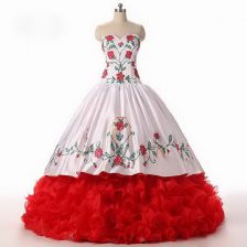  White and Red Ball Gowns Embroidery and Ruffled Layers 15 Quinceanera Dress Lace Up Organza Sleeveless Floor Length