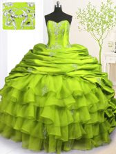 Affordable Olive Green Strapless Lace Up Beading and Appliques and Ruffled Layers and Pick Ups Quinceanera Gown Brush Train Sleeveless