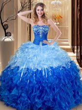 Super Multi-color and Blue And White Organza Lace Up Quinceanera Dress Sleeveless Floor Length Embroidery and Ruffles
