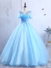 Classical Baby Blue A-line Scoop Short Sleeves Organza Floor Length Lace Up Appliques and Ruching Prom Dress